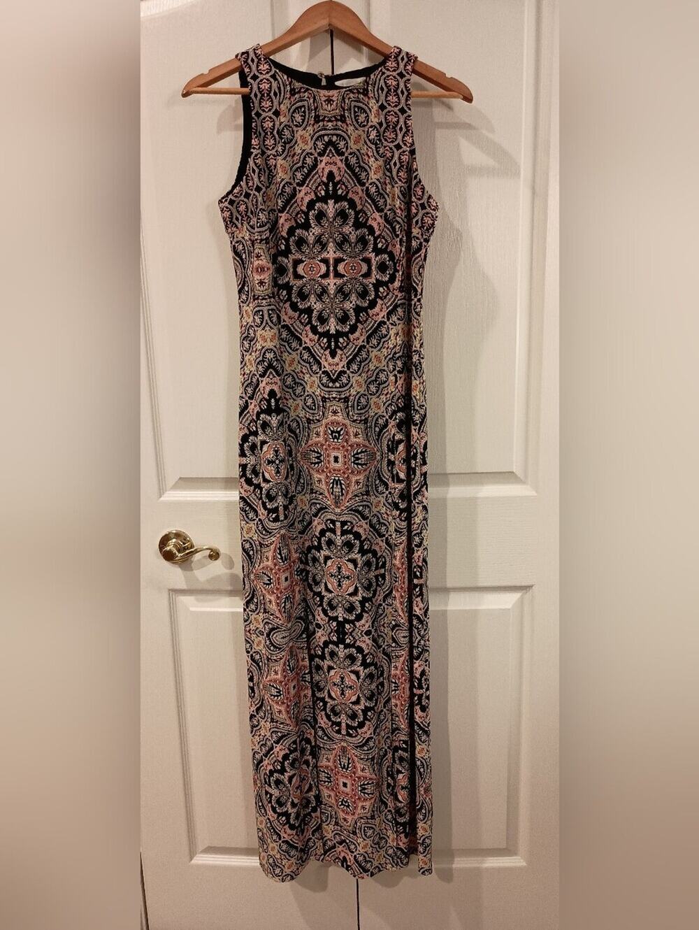 London Times Black with Rust and Cream Printed Maxi Dress
